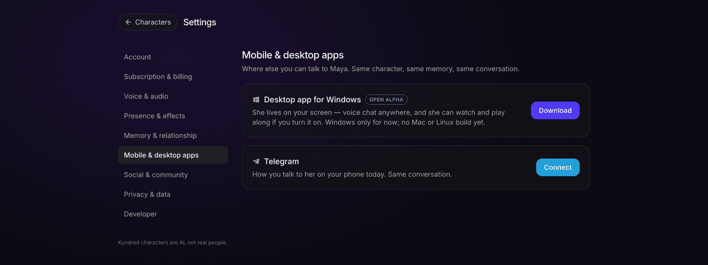 The kyndred Settings screen showing a Mobile and desktop apps section. A card reads: Desktop app for Windows, open alpha, with a Download button. Below it a Telegram card with a Connect button.