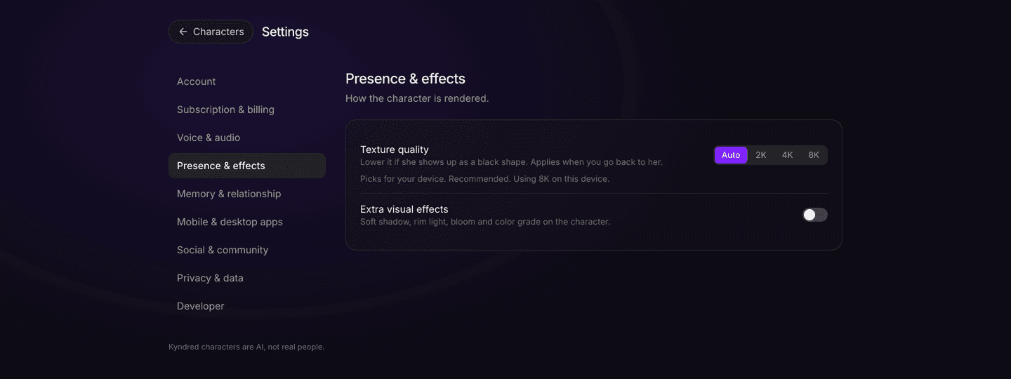 The Presence and effects settings section showing a Texture quality control with Auto, 2K, 4K and 8K options, described as: lower it if she shows up as a black shape.