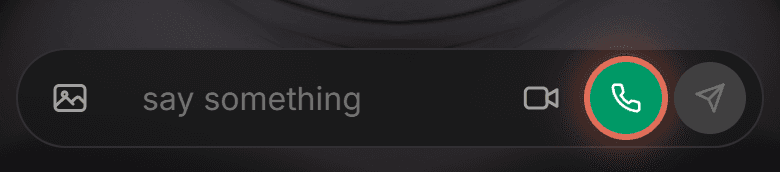 The message bar on the stage, with the camera button, the green call button highlighted, and the send button.