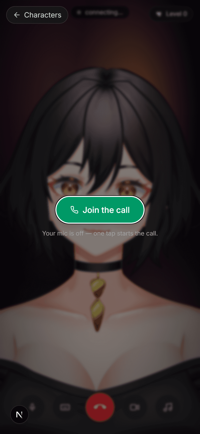 The call screen behind a dimmed overlay with a green Join the call button and the line: Your mic is off — one tap starts the call.