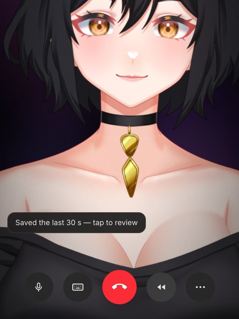 A kyndred call just after tapping Rewind: Maya on the stage and a message reading “Saved the last 30 s — tap to review” above the call controls. The Rewind button is highlighted.