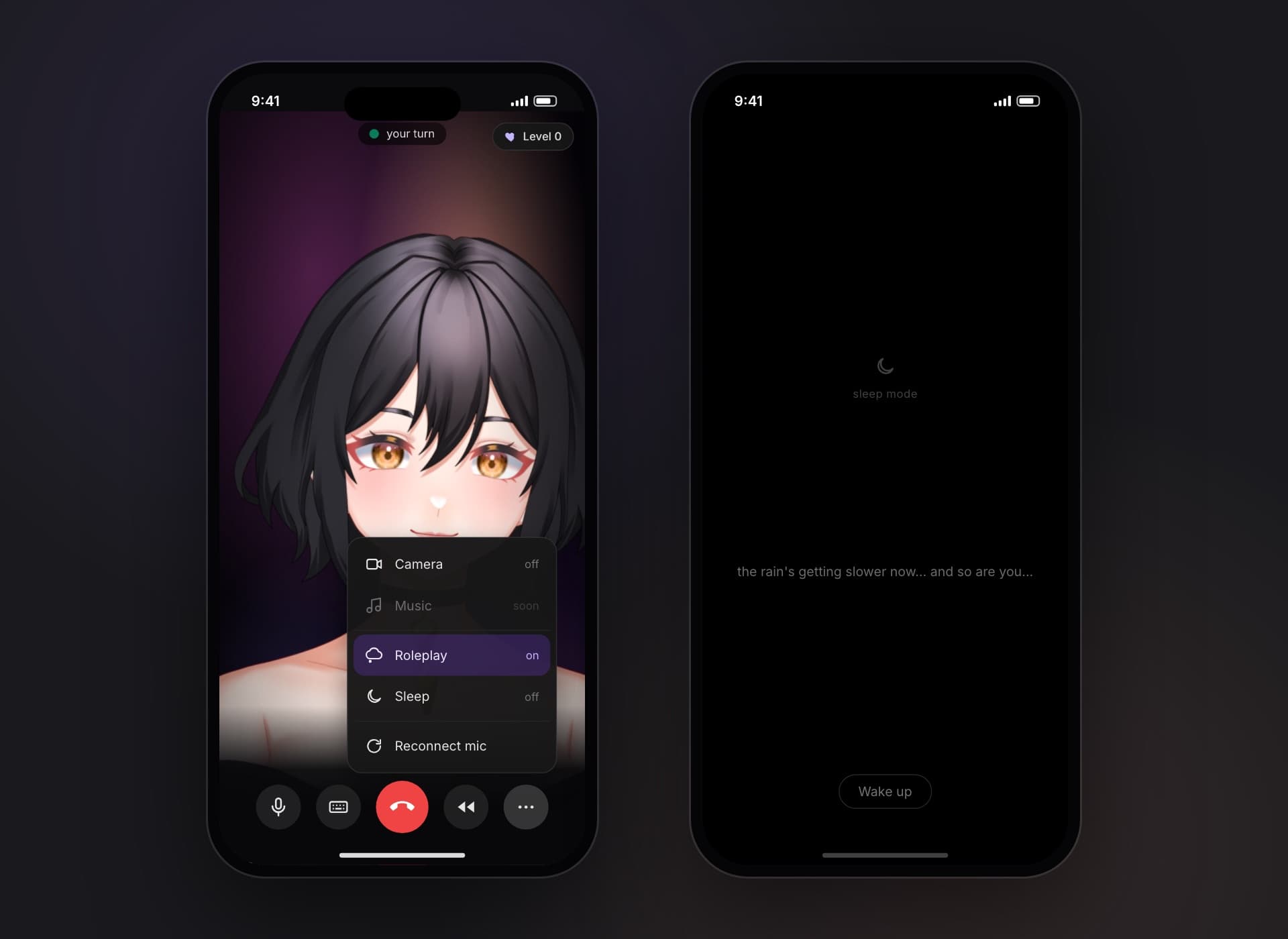 A call with Maya with the ⋯ menu open and Roleplay switched on, next to a black Sleep mode screen with a small moon and a Wake up button.
