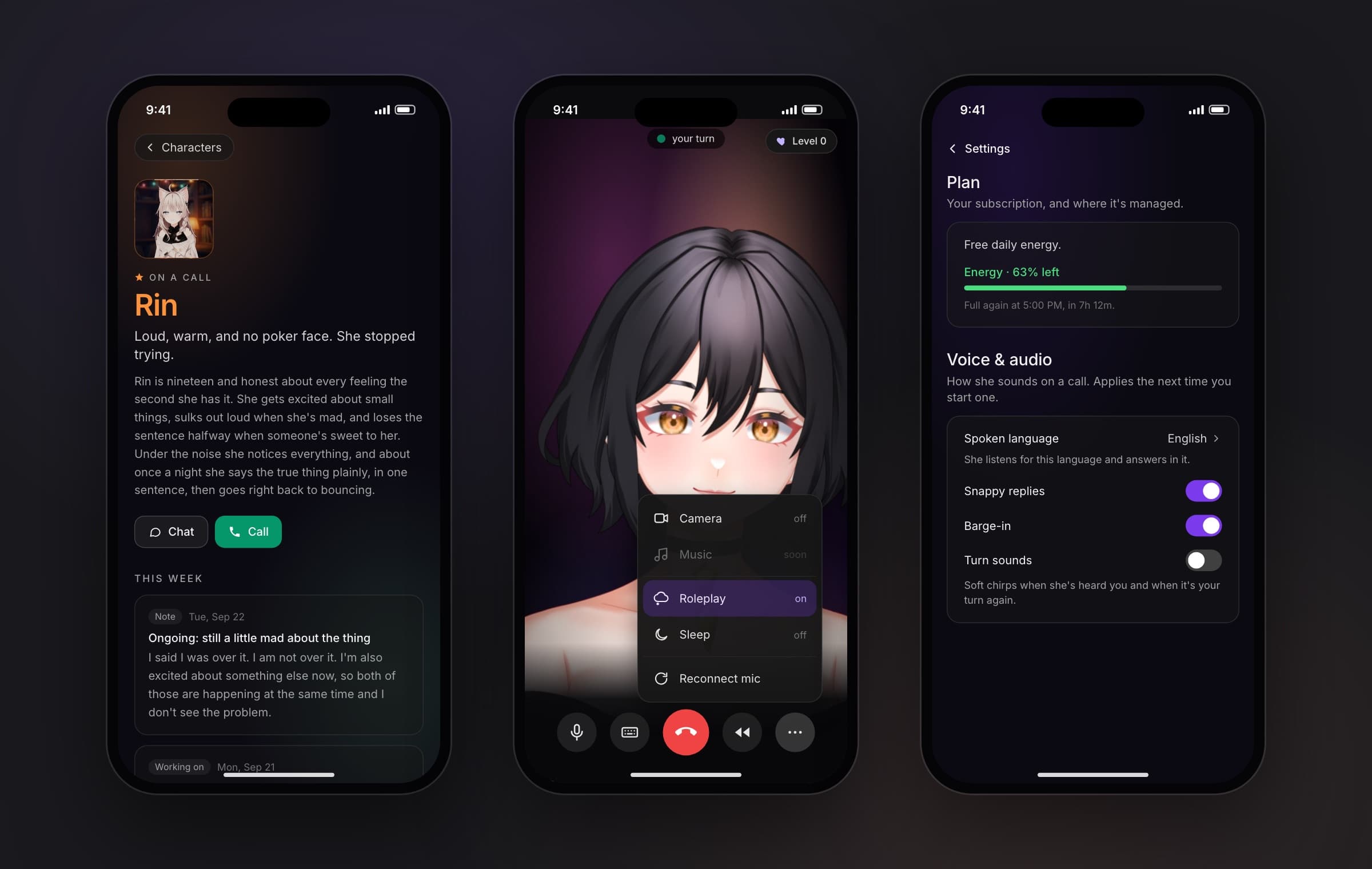 Three phone screens: Rin's new profile page, a call with Maya with the ⋯ menu open and Roleplay on, and Settings showing today's energy as a green bar at 63% left.