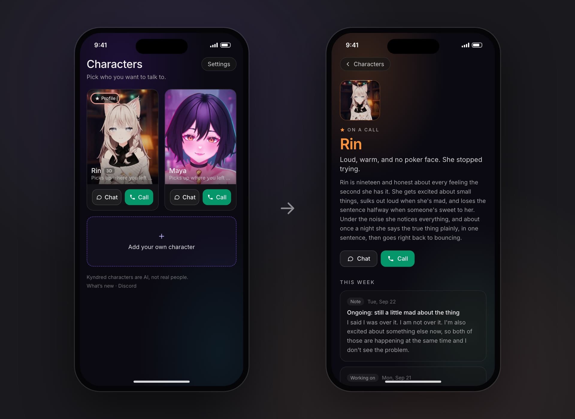 The phone's Characters screen with a Profile pill on Rin's card, and Rin's profile page: her portrait, the line Loud, warm, and no poker face, her bio, Chat and Call buttons, and a This week feed.