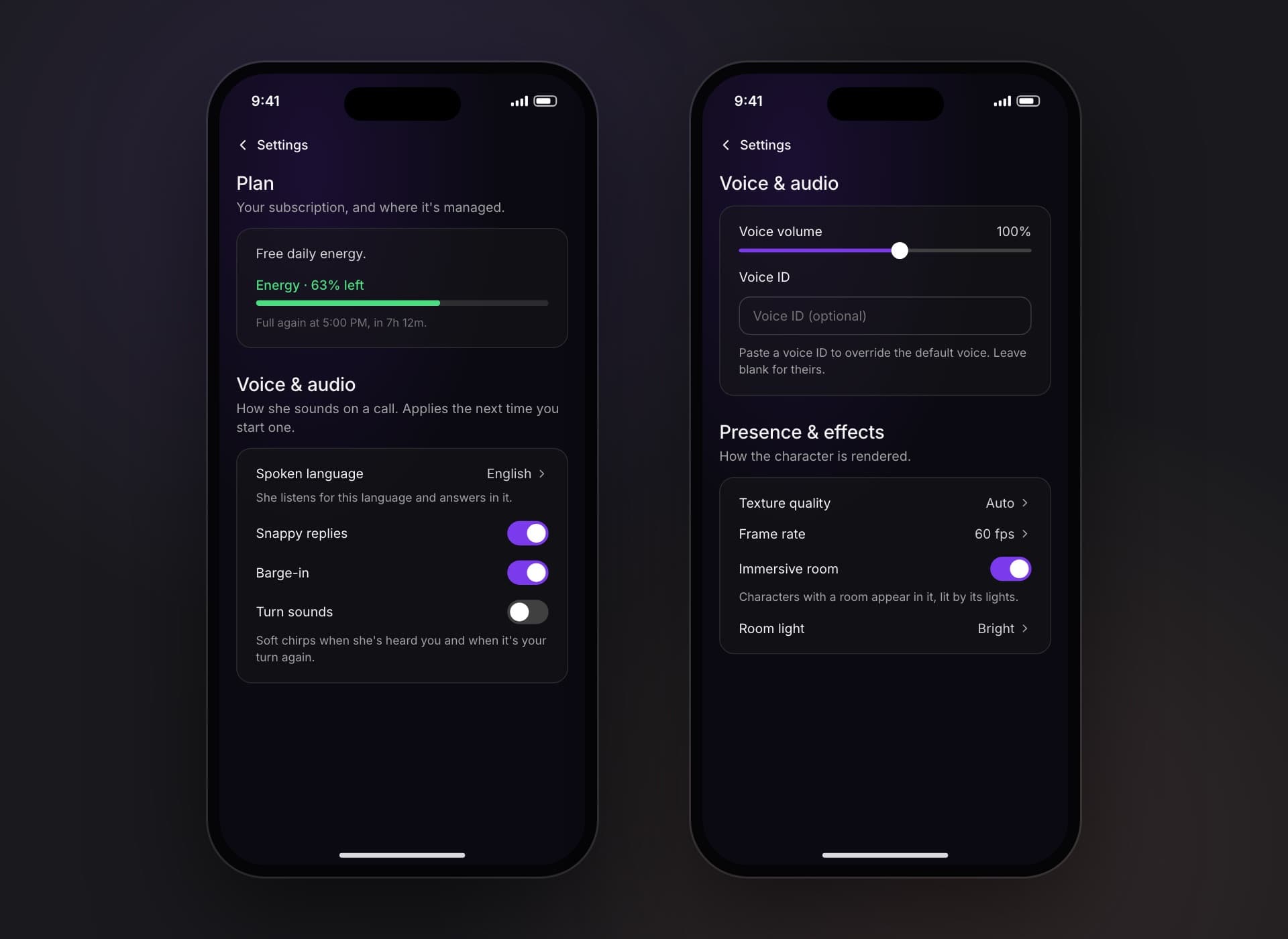 Phone Settings: the Plan card reads Energy · 63% left with a green bar and Full again at 5:00 PM. Next to it, Voice and audio, and Presence and effects with texture quality, frame rate, immersive room and room light.