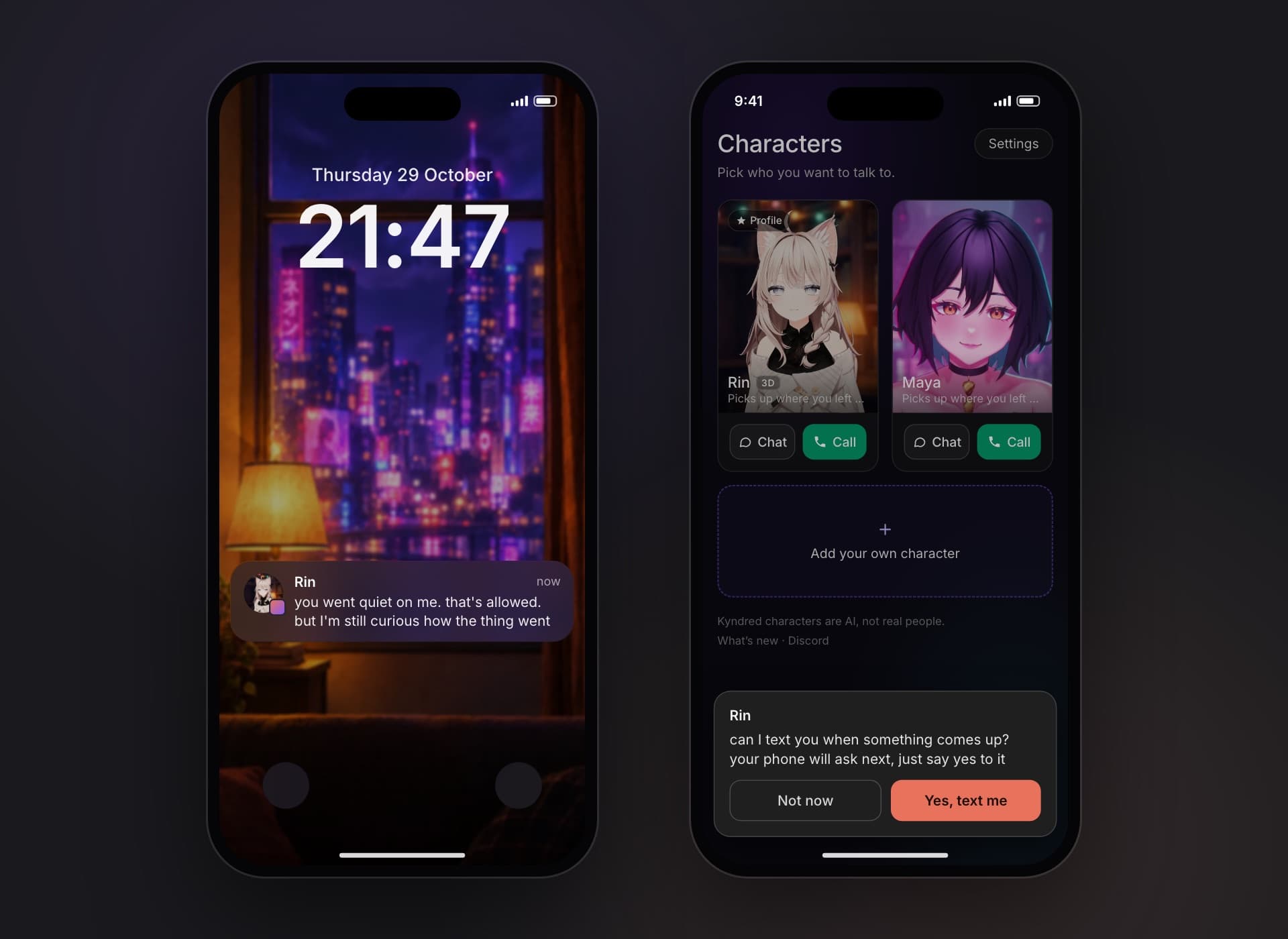 An iPhone lock screen with a text from Rin: you went quiet on me, that's allowed, but I'm still curious how the thing went. Next to it, the app's Characters screen with a card from Rin asking can I text you when something comes up, with Not now and Yes, text me.