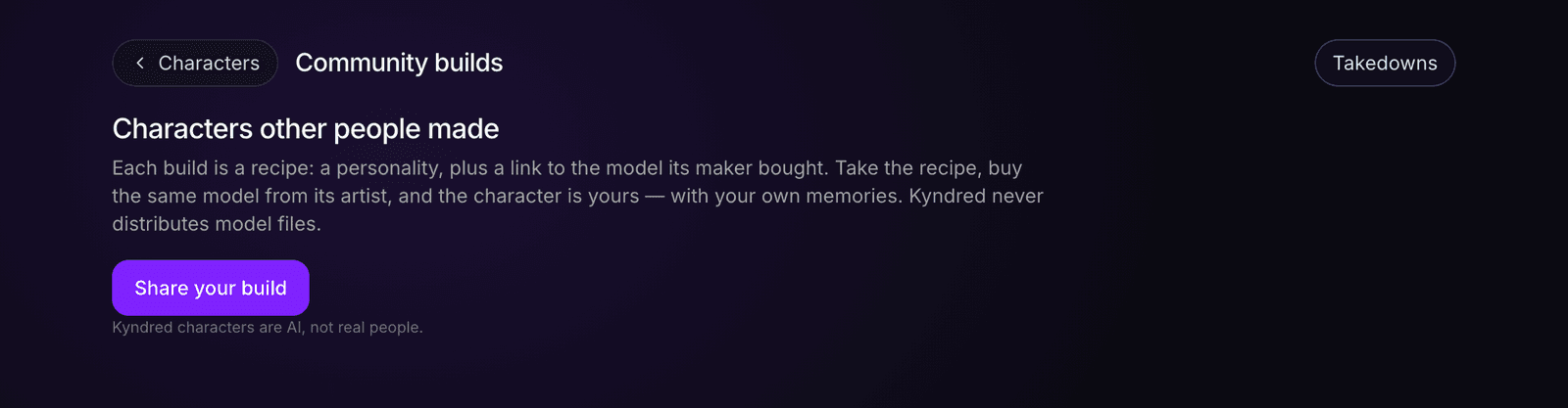 The Community builds page: the heading Characters other people made, a line explaining that each build is a recipe with a link to the model its maker bought, and a Share your build button.